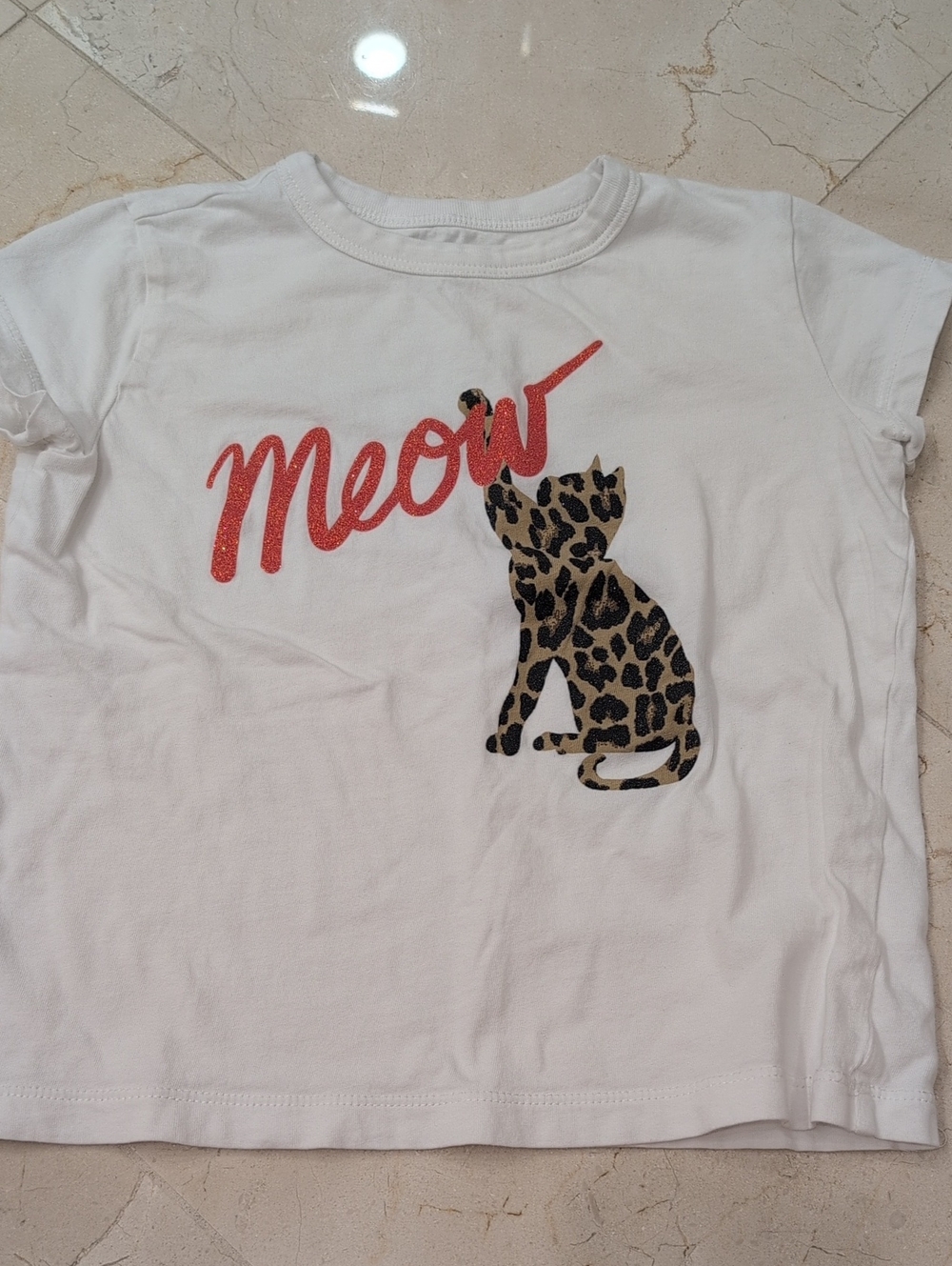 Kids Crewcuts White Cat 'Meow' Graphic Tee with Leopard Print Size 6